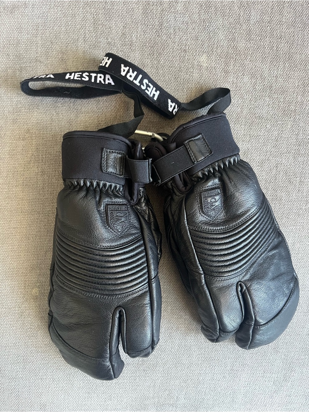 Hestra Black Leather Three-Finger Ski Mitts with Wrist Strap
